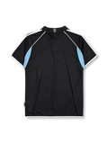 Newcastle United 2000-01 away jersey, front view, black body with sky blue side panels, black polo-style collar, white adidas logo and stripes, Newcastle United shield crest, white ntl sponsor logo, authentic product tag near hem