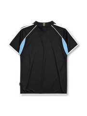 Newcastle United 2000-01 away jersey, front view, black body with sky blue side panels, black polo-style collar, white adidas logo and stripes, Newcastle United shield crest, white ntl sponsor logo, authentic product tag near hem