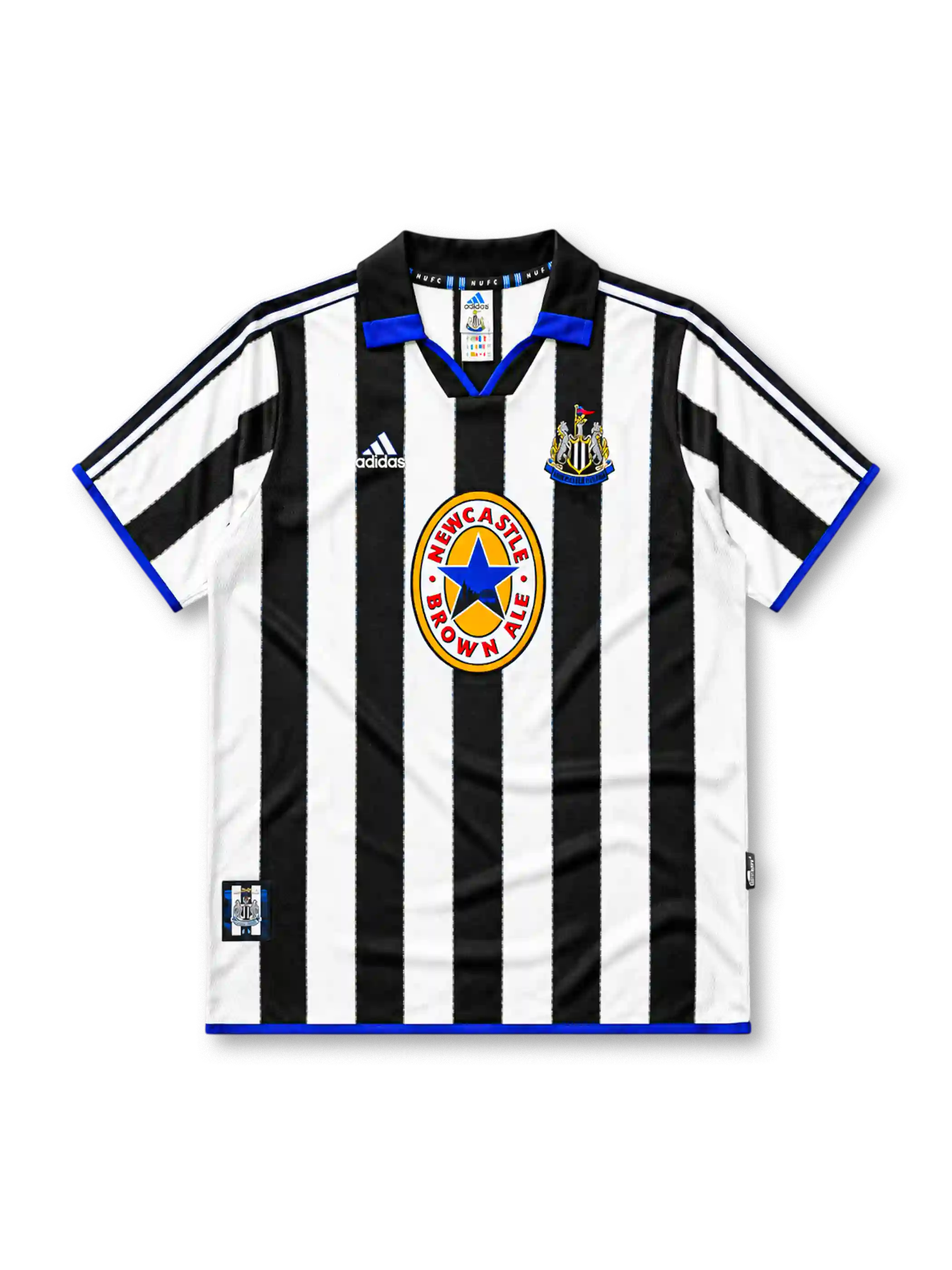 Newcastle United 1999-00 home jersey, front view, black and white vertical stripes, black polo-style collar with blue inset, white adidas logo, Newcastle United shield crest, circular Newcastle Brown Ale star sponsor badge