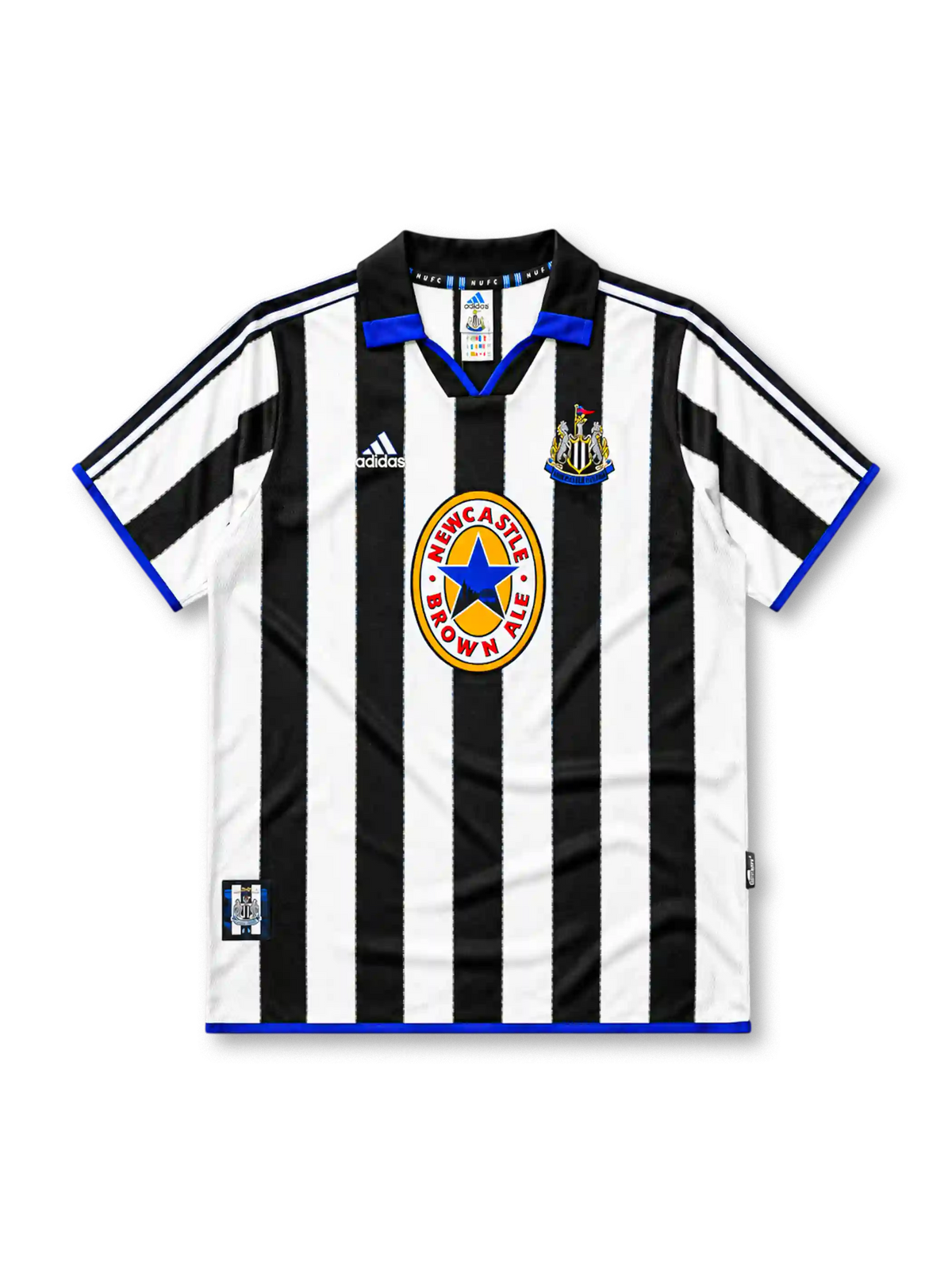 Newcastle United 1999-00 home jersey, front view, black and white vertical stripes, black polo-style collar with blue inset, white adidas logo, Newcastle United shield crest, circular Newcastle Brown Ale star sponsor badge