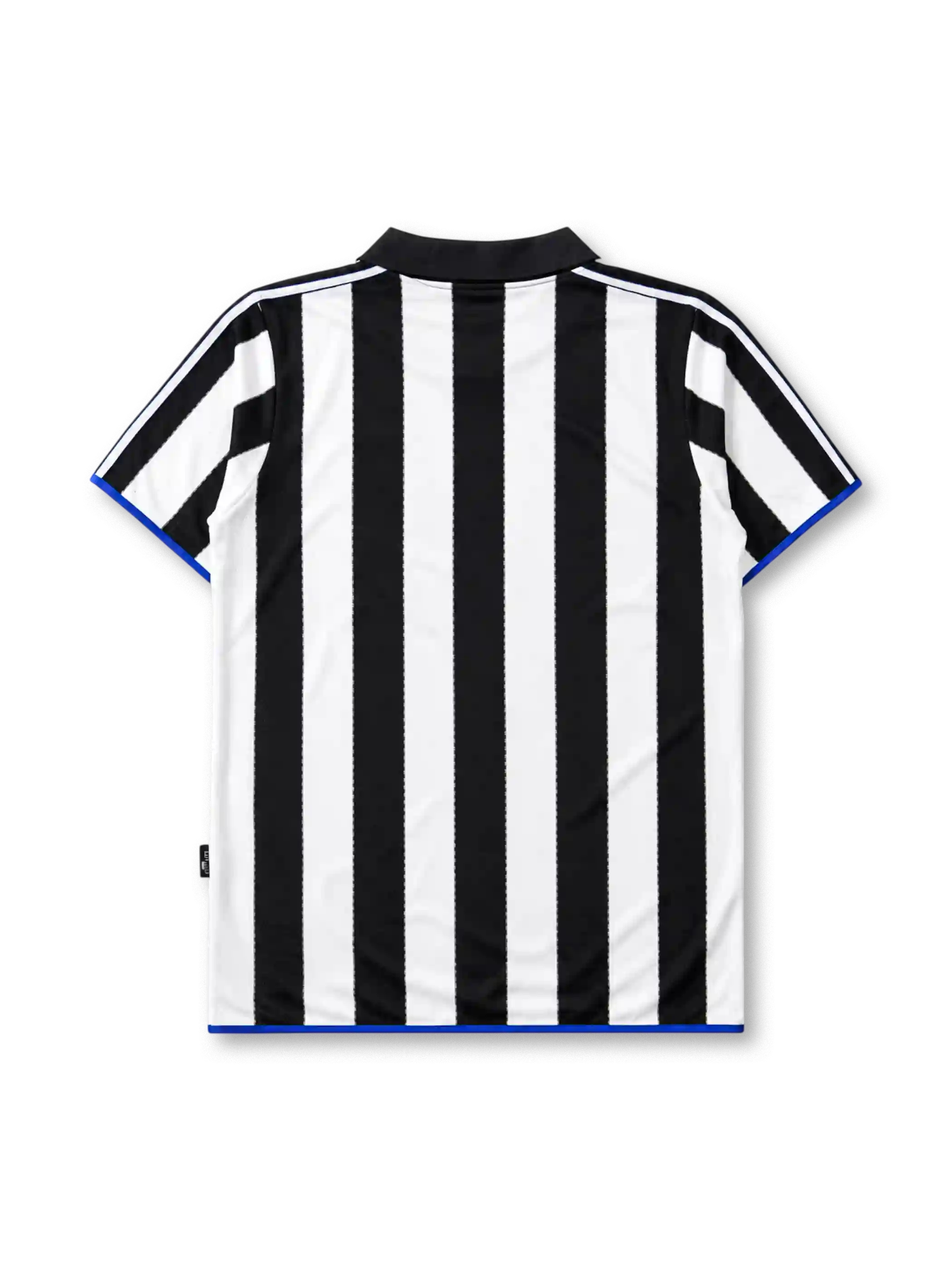 Newcastle United 1999-00 home jersey, front view, black and white vertical stripes, black polo-style collar with blue inset, white adidas logo, Newcastle United shield crest, circular Newcastle Brown Ale star sponsor badge
