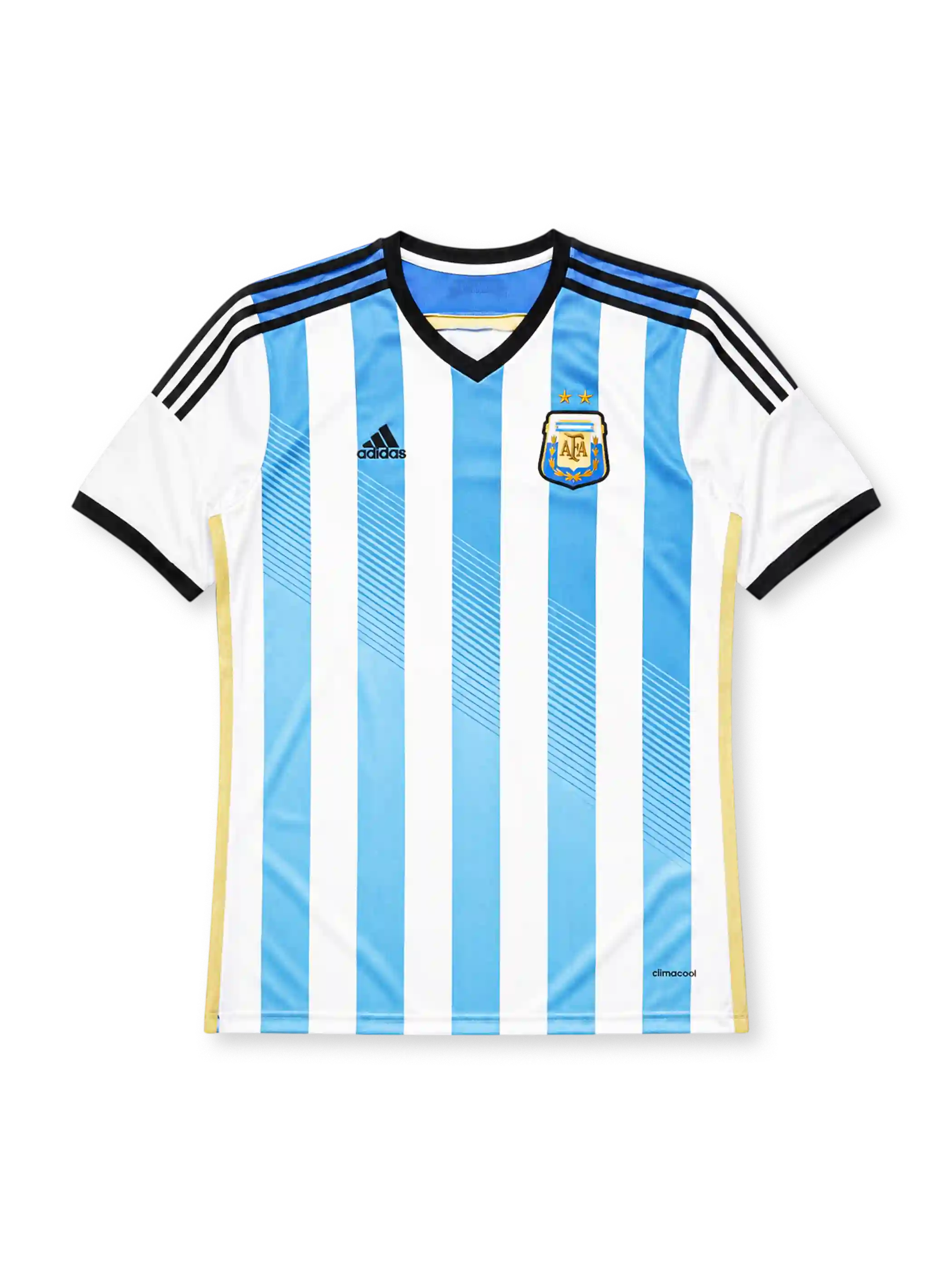 Argentina 2014 home jersey, front view, sky blue and white vertical stripes, black V-neck collar with blue inset, black adidas logo and stripes, AFA crest with two gold stars, gold side piping, climacool wordmark near hem