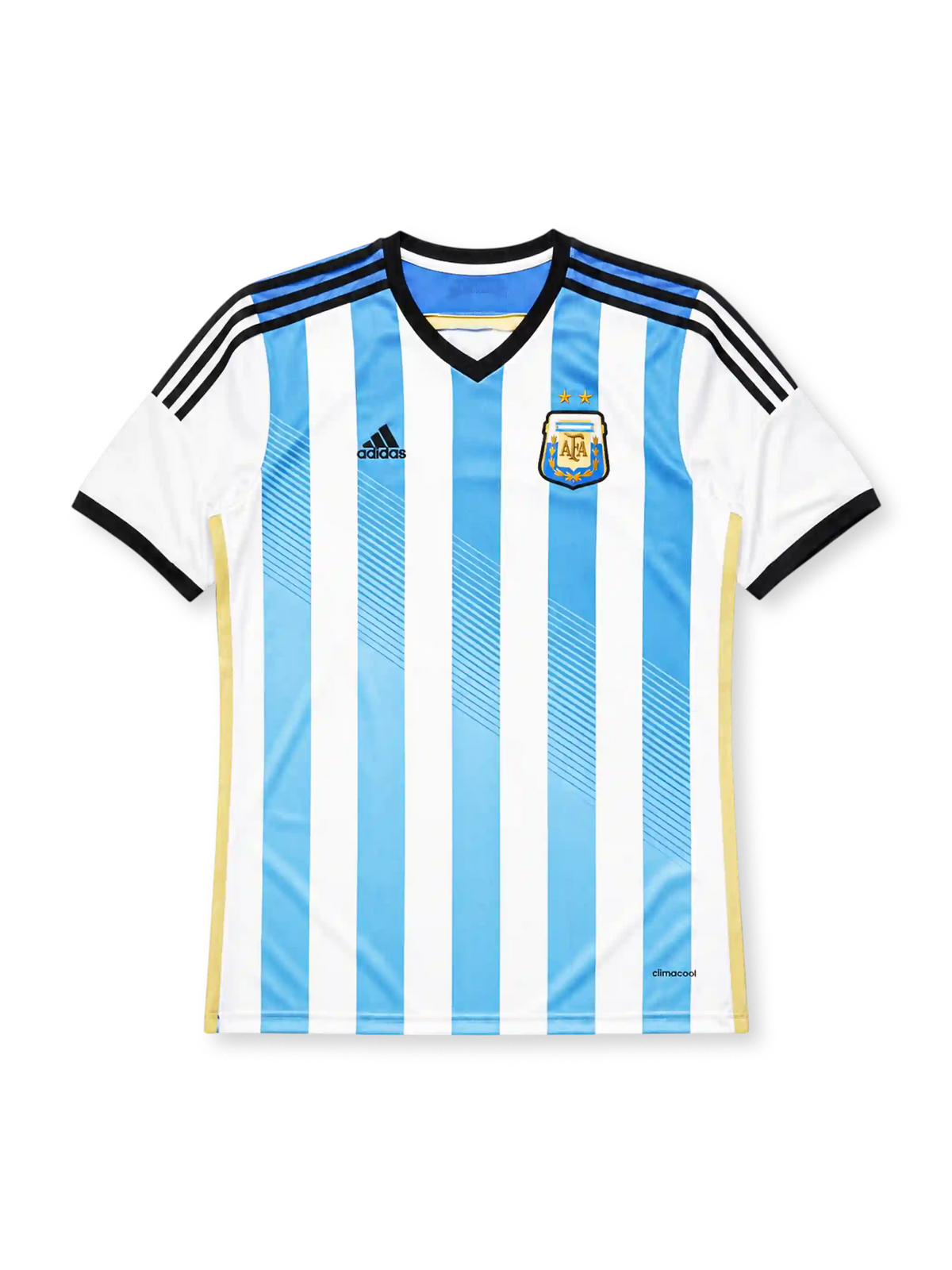 Argentina 2014 home jersey, front view, sky blue and white vertical stripes, black V-neck collar with blue inset, black adidas logo and stripes, AFA crest with two gold stars, gold side piping, climacool wordmark near hem