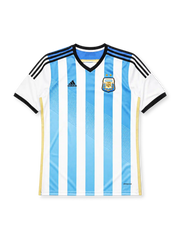 Argentina 2014 home jersey, front view, sky blue and white vertical stripes, black V-neck collar with blue inset, black adidas logo and stripes, AFA crest with two gold stars, gold side piping, climacool wordmark near hem