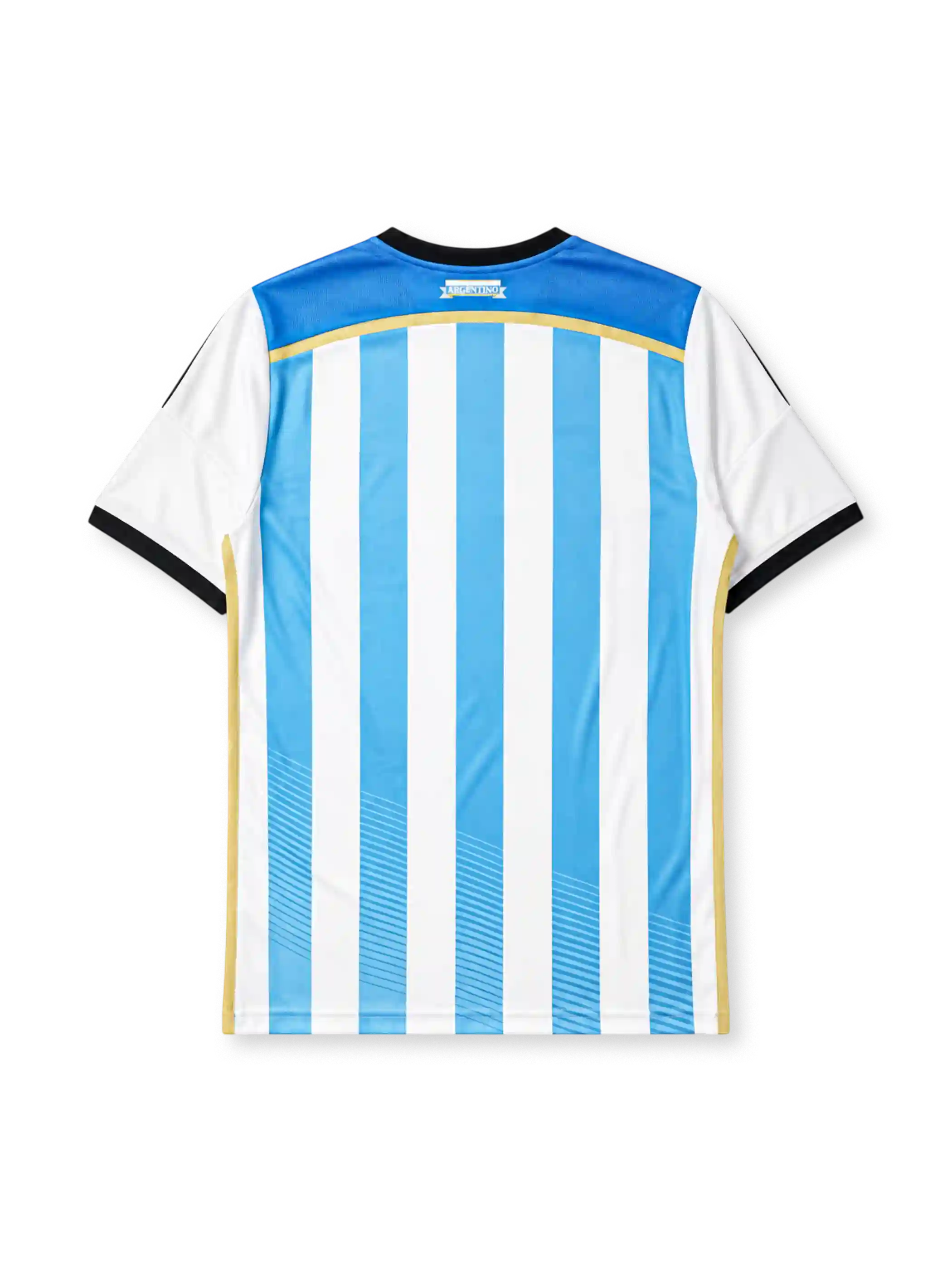 Argentina 2014 home jersey, front view, sky blue and white vertical stripes, black V-neck collar with blue inset, black adidas logo and stripes, AFA crest with two gold stars, gold side piping, climacool wordmark near hem