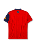 Spain 1996 home jersey, front view, red body with asymmetric navy side panel, navy button-placket collar, yellow adidas logo and stripes, Spanish royal crest, small Spain flag patch on sleeve, Federacion Espanola de Futbol tag near hem