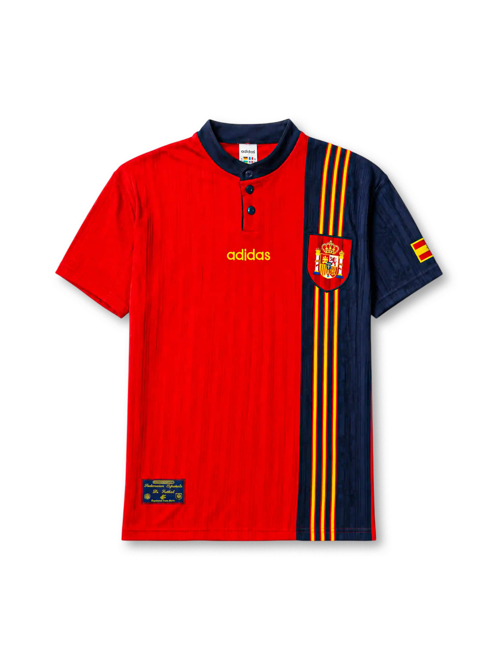 Spain 1996 home jersey, front view, red body with asymmetric navy side panel, navy button-placket collar, yellow adidas logo and stripes, Spanish royal crest, small Spain flag patch on sleeve, Federacion Espanola de Futbol tag near hem