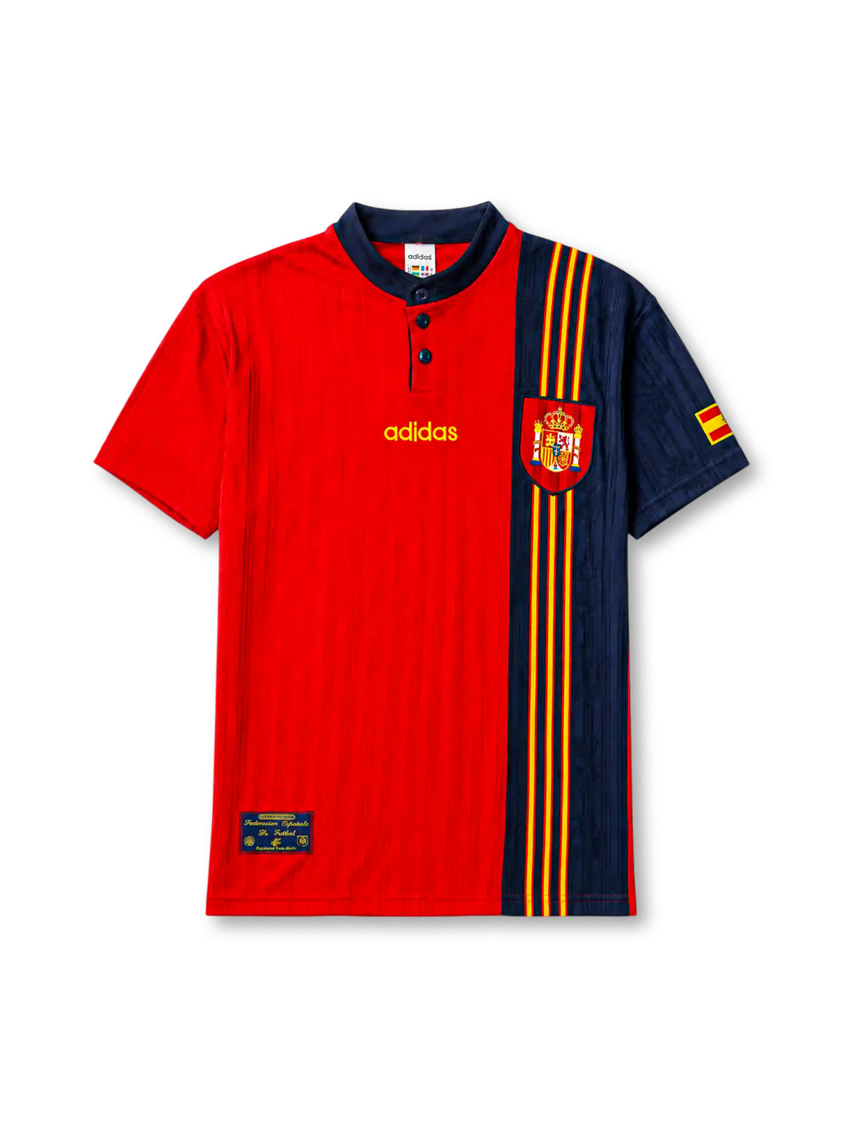 Spain 1996 home jersey, front view, red body with asymmetric navy side panel, navy button-placket collar, yellow adidas logo and stripes, Spanish royal crest, small Spain flag patch on sleeve, Federacion Espanola de Futbol tag near hem