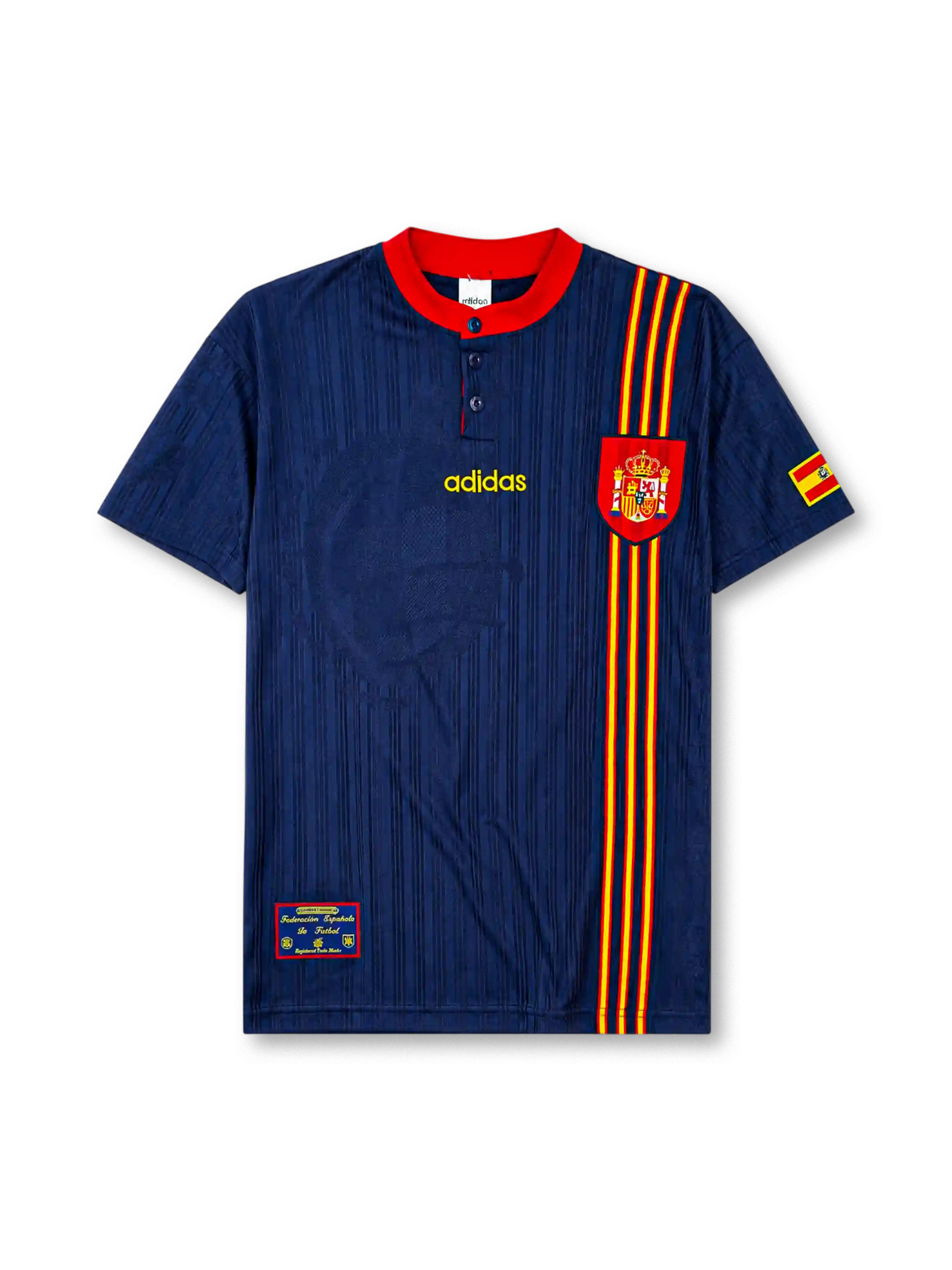 Spain 1996 away jersey, front view, navy body with tonal jacquard pattern, red button-placket collar, yellow adidas logo, bold red and yellow vertical stripe, Spanish royal crest, small Spain flag patch on sleeve