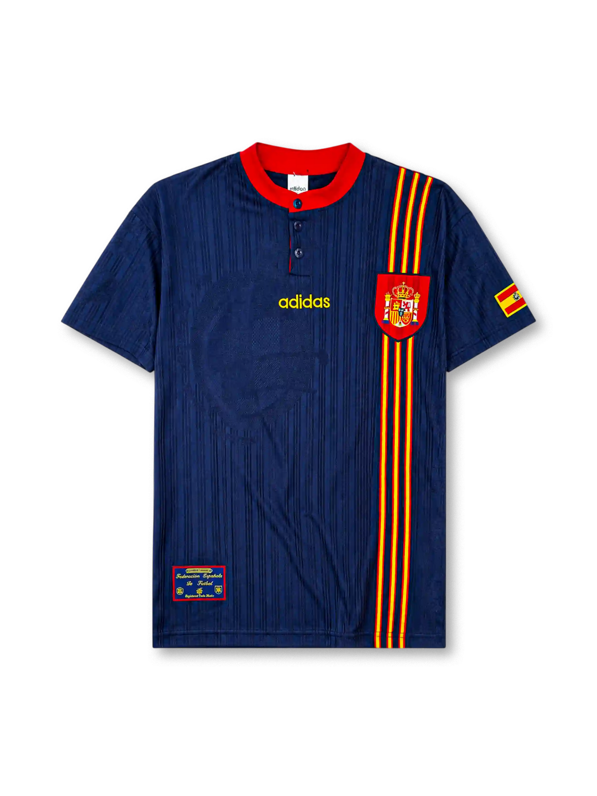 Spain 1996 away jersey, front view, navy body with tonal jacquard pattern, red button-placket collar, yellow adidas logo, bold red and yellow vertical stripe, Spanish royal crest, small Spain flag patch on sleeve