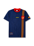 Spain 1996 away jersey, front view, navy body with tonal jacquard pattern, red button-placket collar, yellow adidas logo, bold red and yellow vertical stripe, Spanish royal crest, small Spain flag patch on sleeve