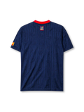 Spain 1996 away jersey, front view, navy body with tonal jacquard pattern, red button-placket collar, yellow adidas logo, bold red and yellow vertical stripe, Spanish royal crest, small Spain flag patch on sleeve