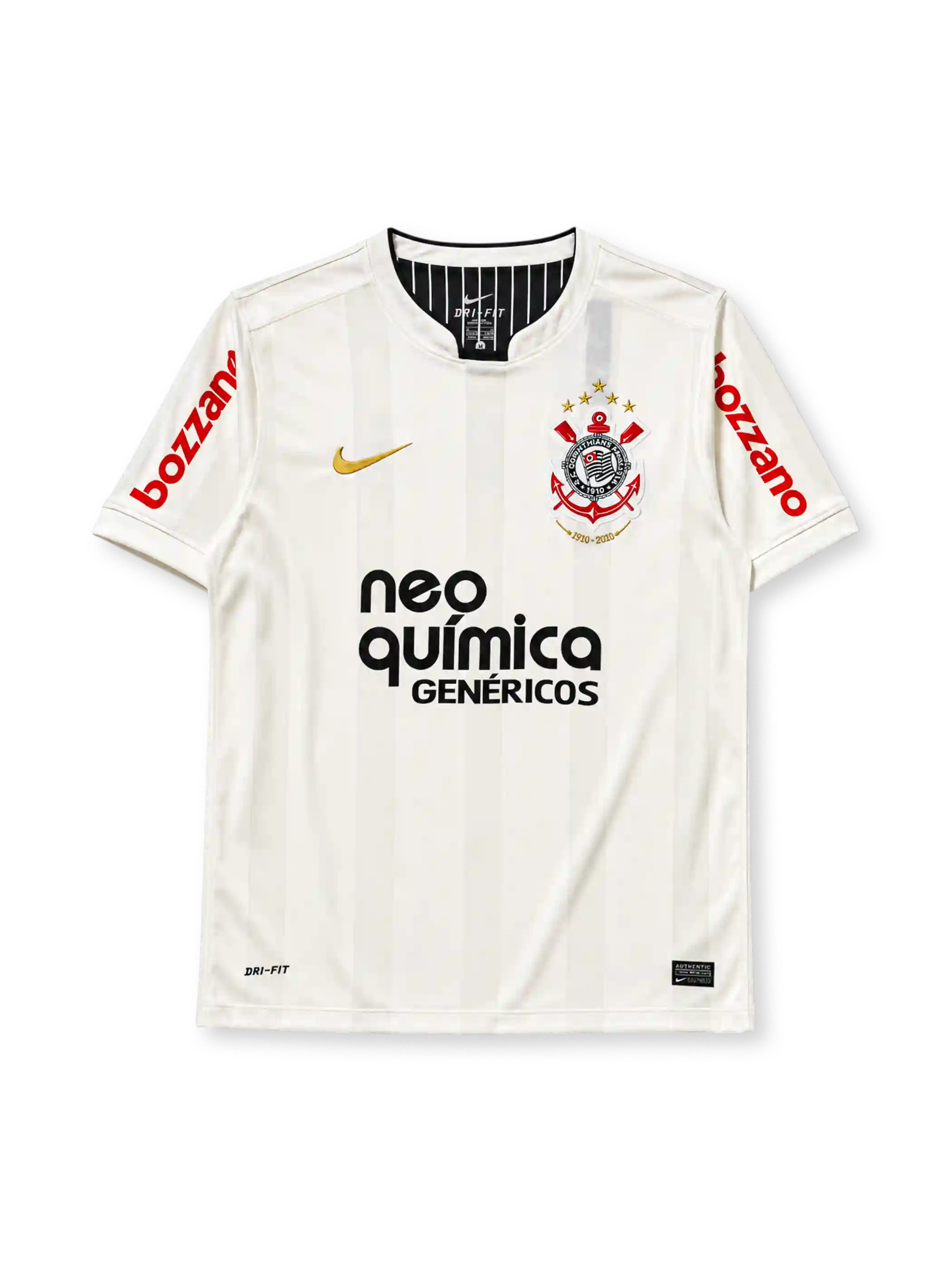 Corinthians 2011 home jersey, front view, cream body with tonal vertical stripes, black crew-neck collar, gold Nike swoosh, centenary crest with four gold stars and 1910-2010 text, black Neo Quimica sponsor logo, red Bozzano sponsor text on sleeves