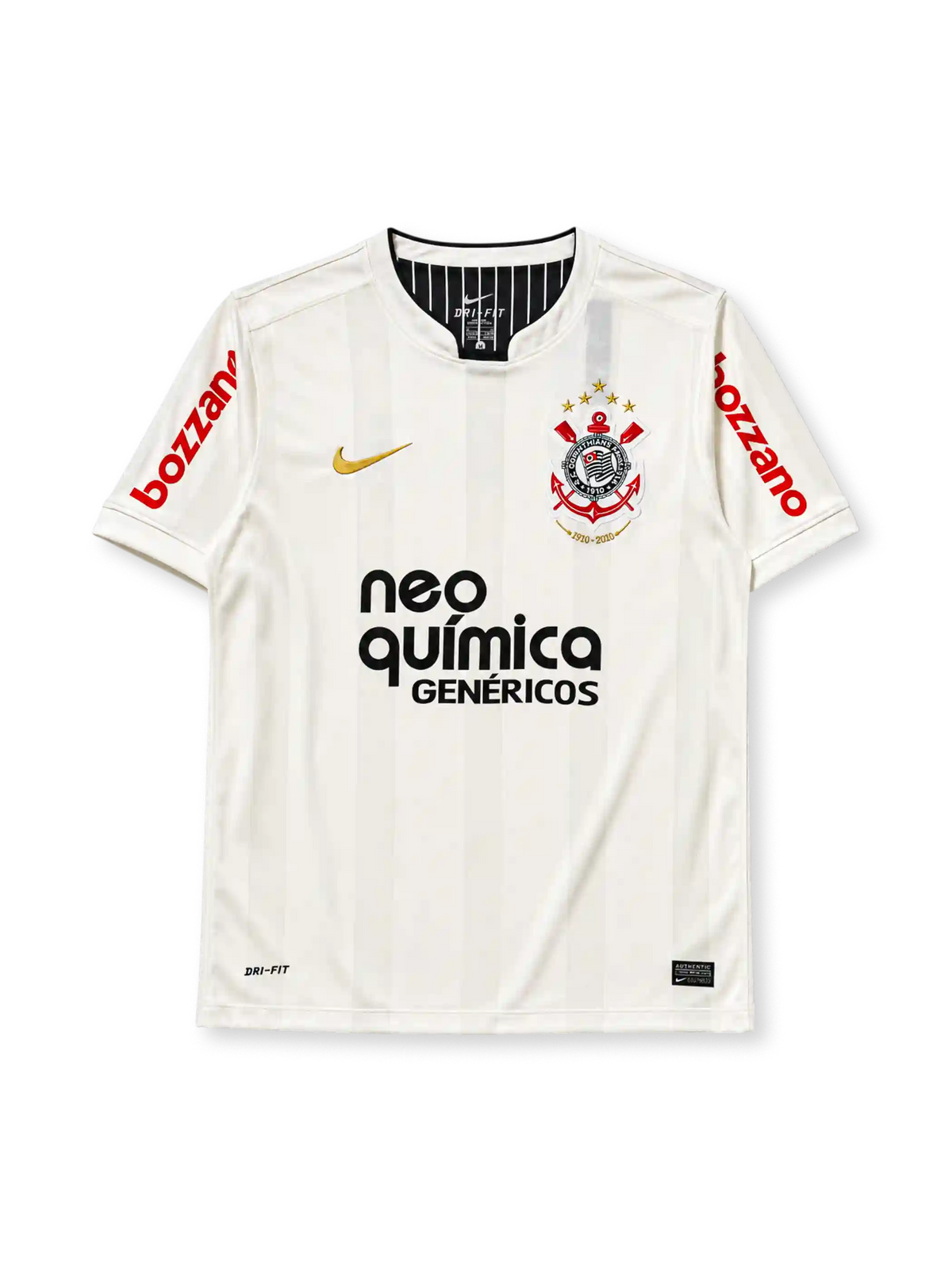 Corinthians 2011 home jersey, front view, cream body with tonal vertical stripes, black crew-neck collar, gold Nike swoosh, centenary crest with four gold stars and 1910-2010 text, black Neo Quimica sponsor logo, red Bozzano sponsor text on sleeves