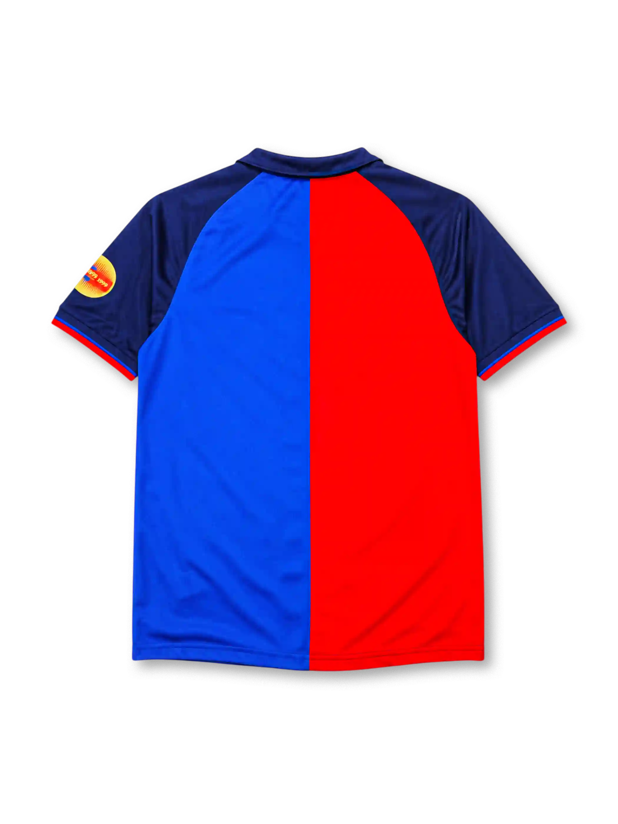 Barcelona 1999-2000 home jersey, front view, split red and blue design, navy raglan sleeves, navy polo-style collar, gold 1899 and 1999 centenary text, Barcelona crest, white Nike swoosh, circular centenary emblem on sleeve