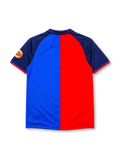 Barcelona 1999-2000 home jersey, front view, split red and blue design, navy raglan sleeves, navy polo-style collar, gold 1899 and 1999 centenary text, Barcelona crest, white Nike swoosh, circular centenary emblem on sleeve