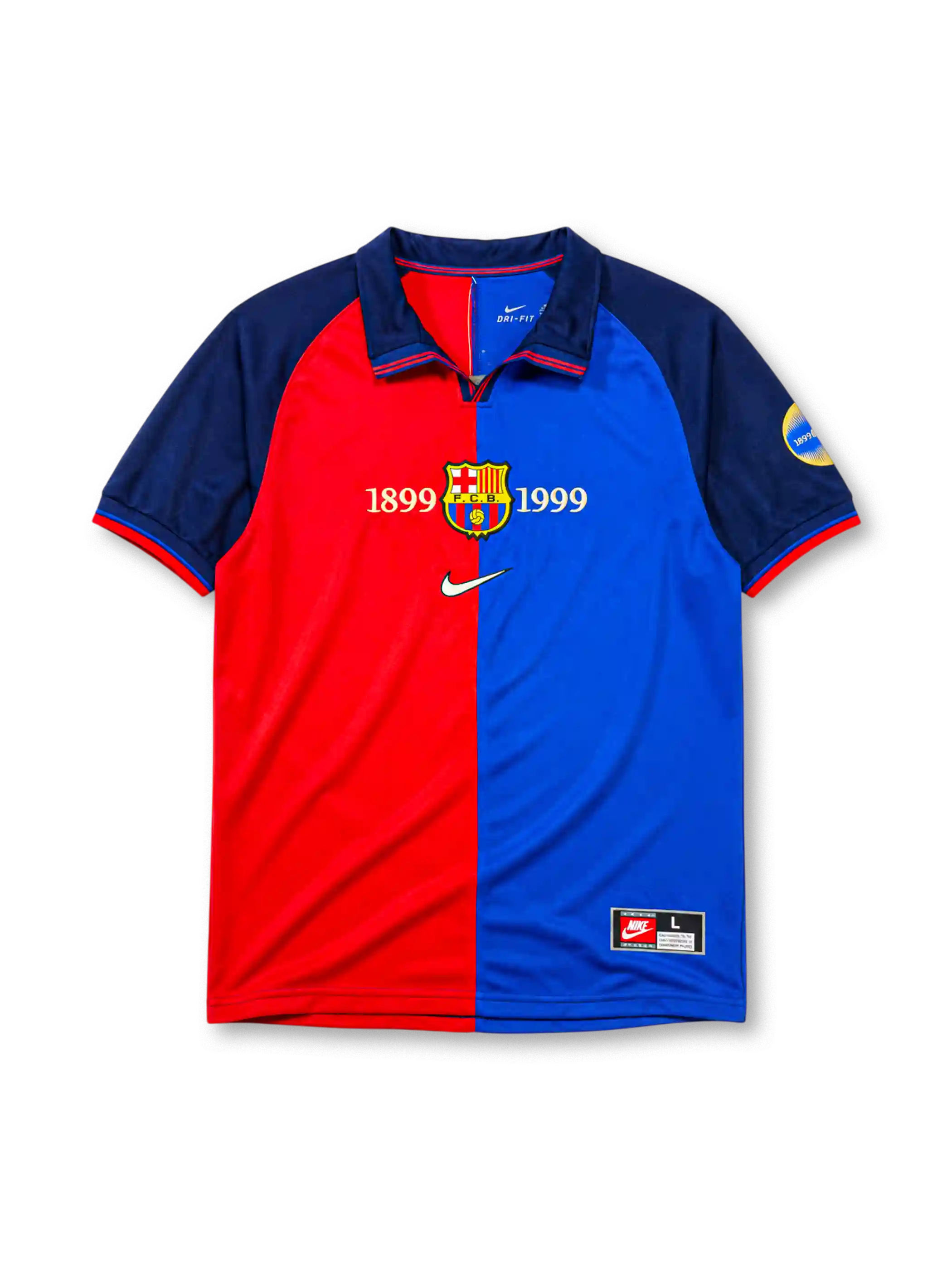 Barcelona 1999-2000 home jersey, front view, split red and blue design, navy raglan sleeves, navy polo-style collar, gold 1899 and 1999 centenary text, Barcelona crest, white Nike swoosh, circular centenary emblem on sleeve