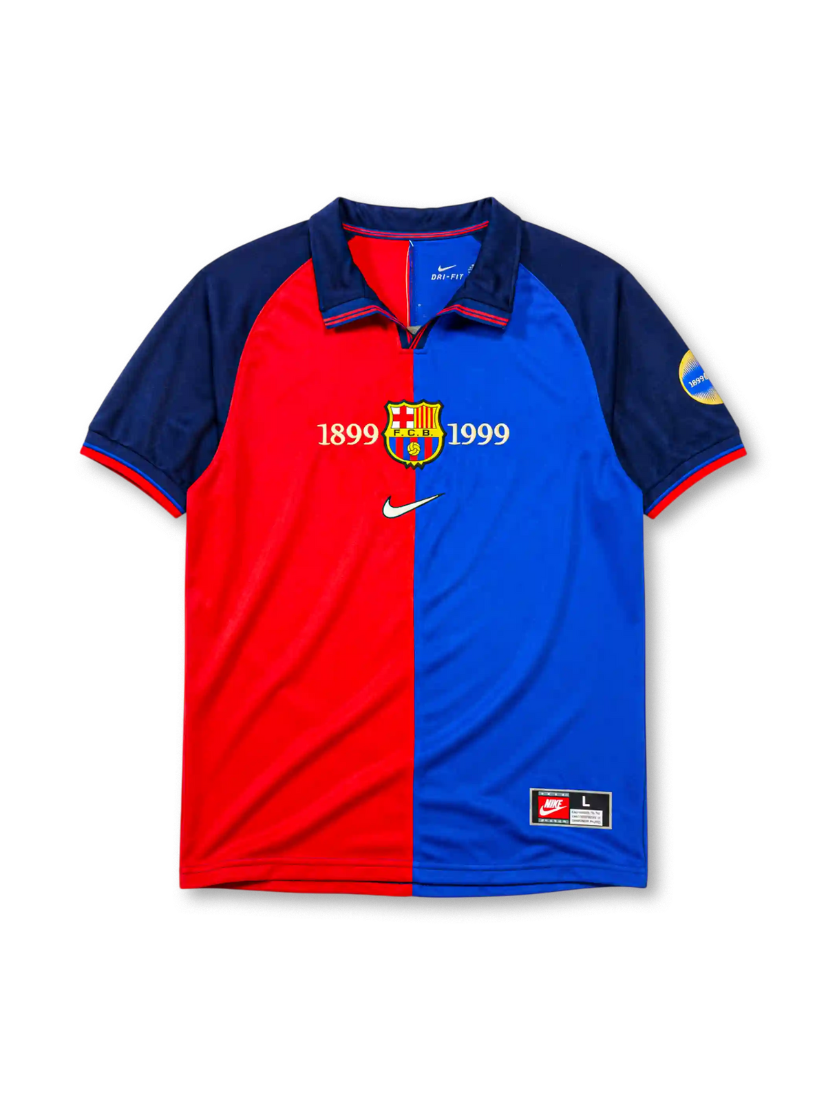 Barcelona 1999-2000 home jersey, front view, split red and blue design, navy raglan sleeves, navy polo-style collar, gold 1899 and 1999 centenary text, Barcelona crest, white Nike swoosh, circular centenary emblem on sleeve