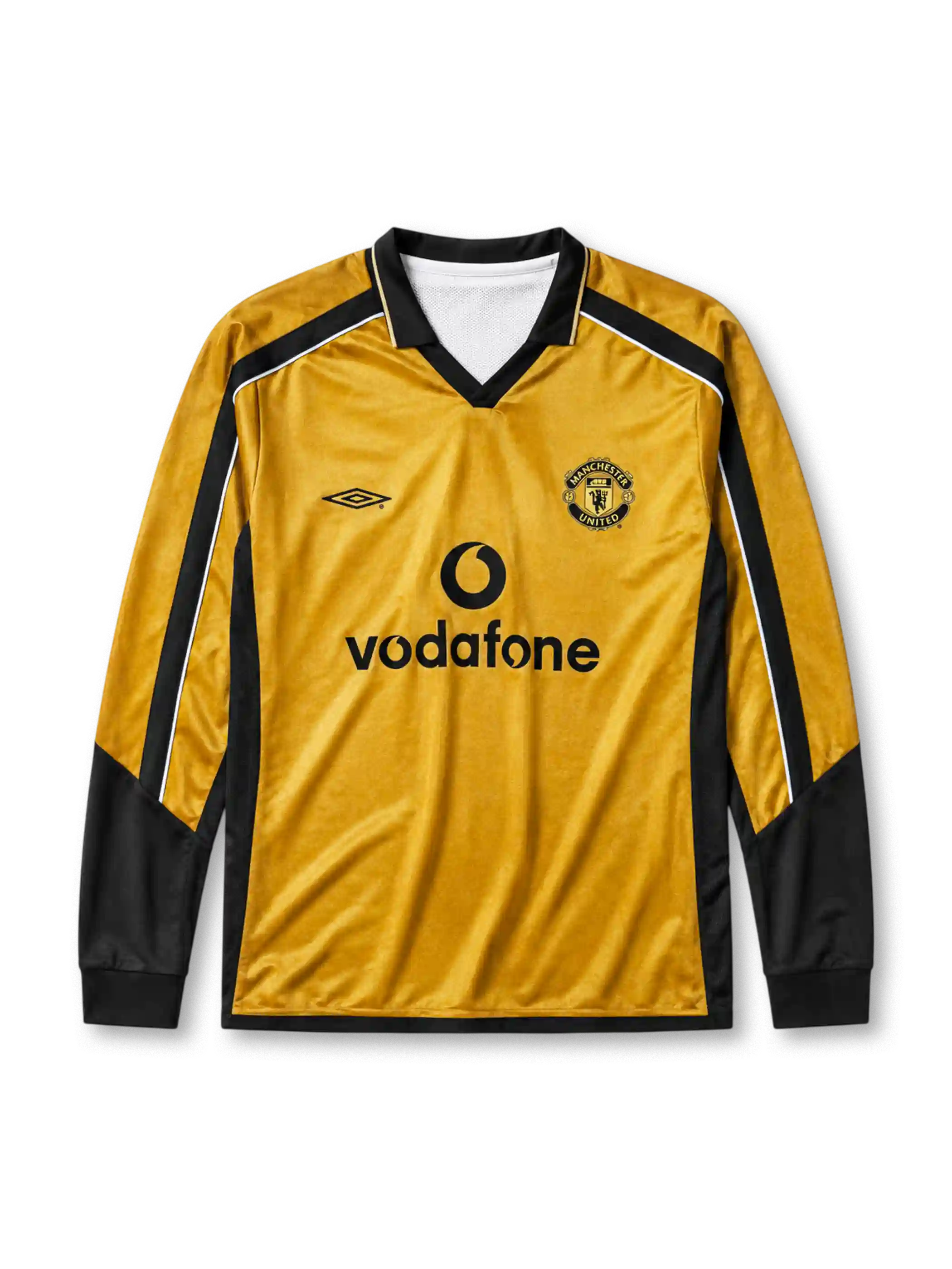 Manchester United 2001-02 away long-sleeve jersey, front view, gold body with black side panels and long sleeves, black V-neck collar with white piping, black Umbro logo, Manchester United shield crest, black Vodafone sponsor logo