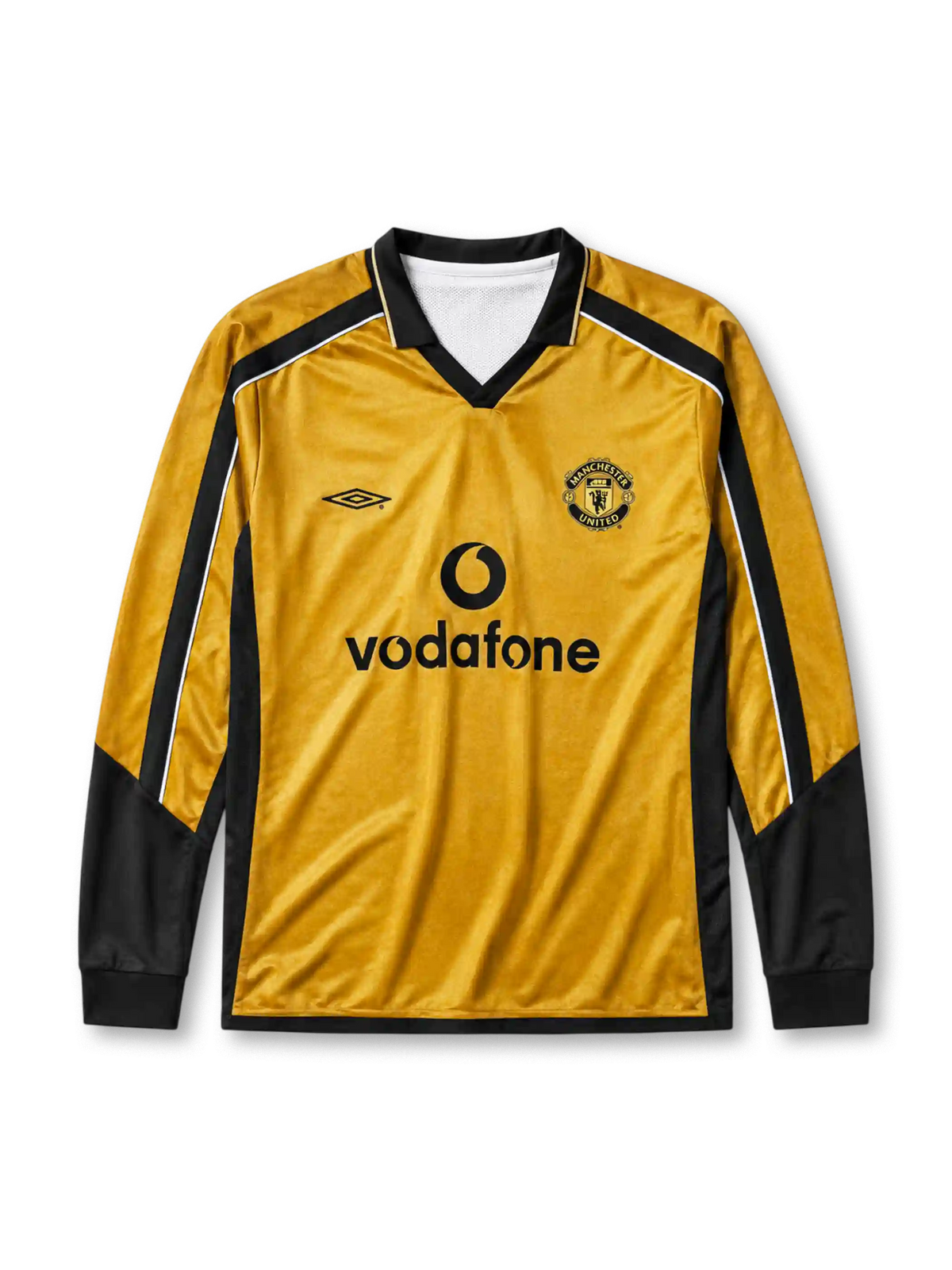 Manchester United 2001-02 away long-sleeve jersey, front view, gold body with black side panels and long sleeves, black V-neck collar with white piping, black Umbro logo, Manchester United shield crest, black Vodafone sponsor logo