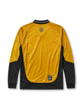 Manchester United 2001-02 away long-sleeve jersey, front view, gold body with black side panels and long sleeves, black V-neck collar with white piping, black Umbro logo, Manchester United shield crest, black Vodafone sponsor logo