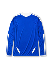Chelsea 2011-12 home long-sleeve jersey, front view, blue body with tonal hoop pattern, white raglan sleeves with adidas stripes, white adidas logo, Chelsea crest, Final Munich 2012 commemorative text, white Samsung sponsor logo
