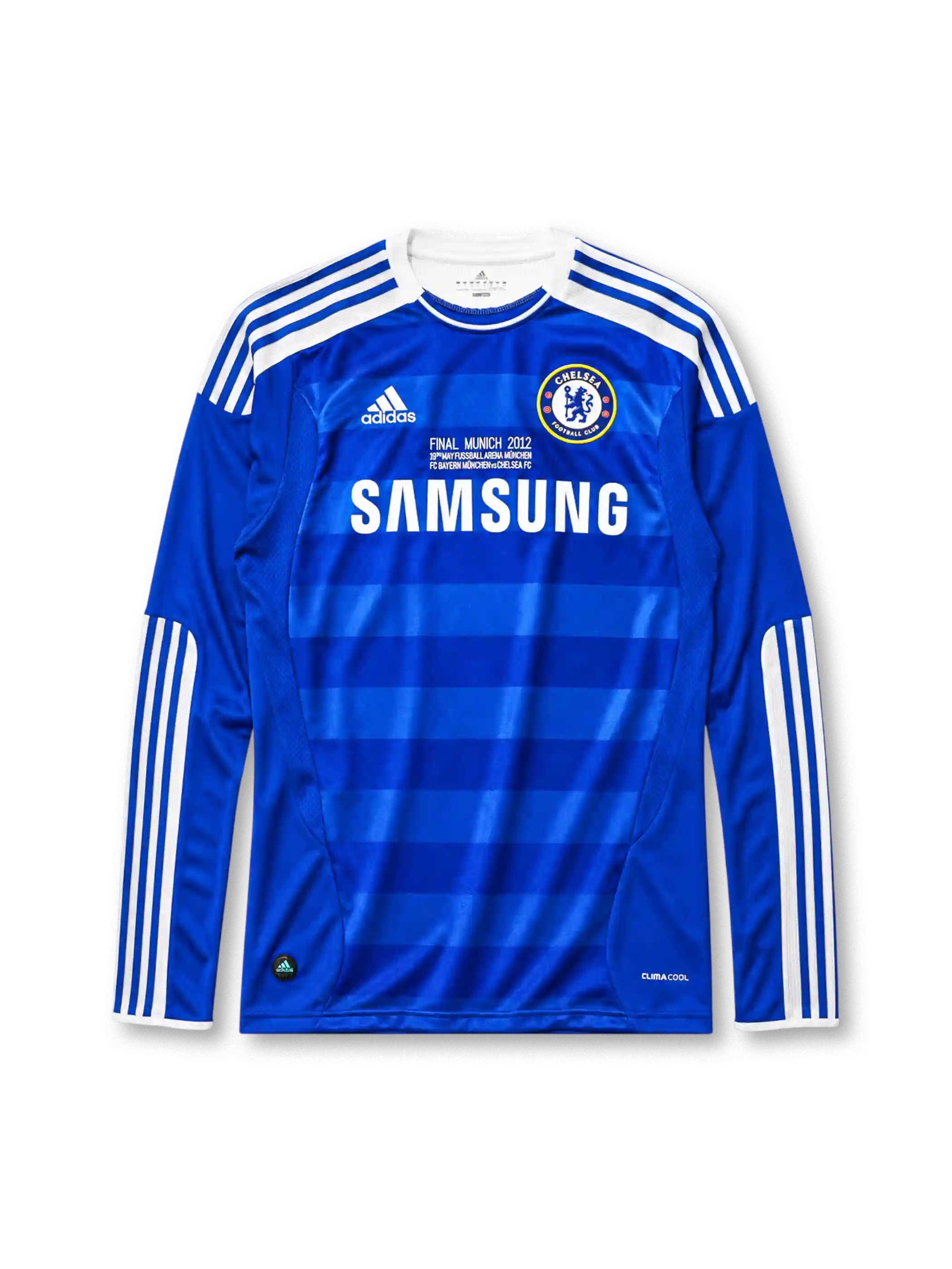 Chelsea 2011-12 home long-sleeve jersey, front view, blue body with tonal hoop pattern, white raglan sleeves with adidas stripes, white adidas logo, Chelsea crest, Final Munich 2012 commemorative text, white Samsung sponsor logo