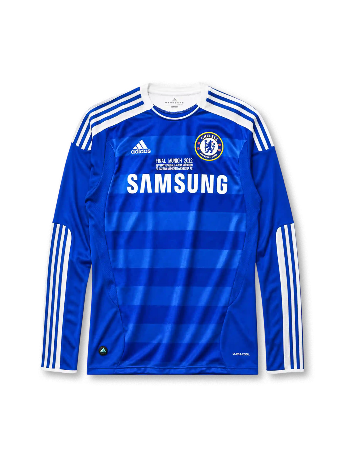 Chelsea 2011-12 home long-sleeve jersey, front view, blue body with tonal hoop pattern, white raglan sleeves with adidas stripes, white adidas logo, Chelsea crest, Final Munich 2012 commemorative text, white Samsung sponsor logo