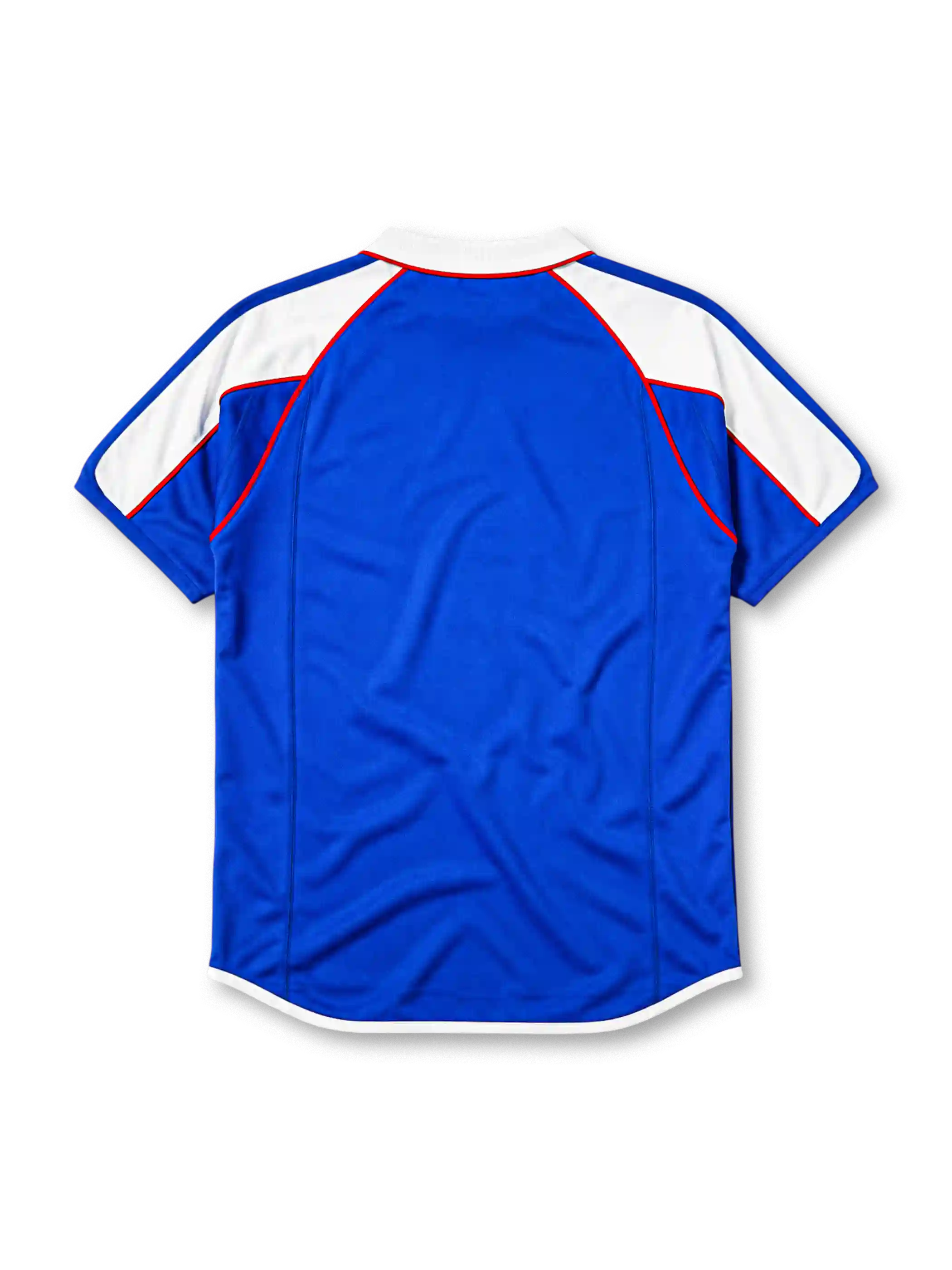 Japan 2000 home jersey, front view, blue body with white shoulder panels and red trim, white polo-style collar with red zip placket, small Japan flag emblem, JFA crest with three-legged crow, Japan text beneath crest