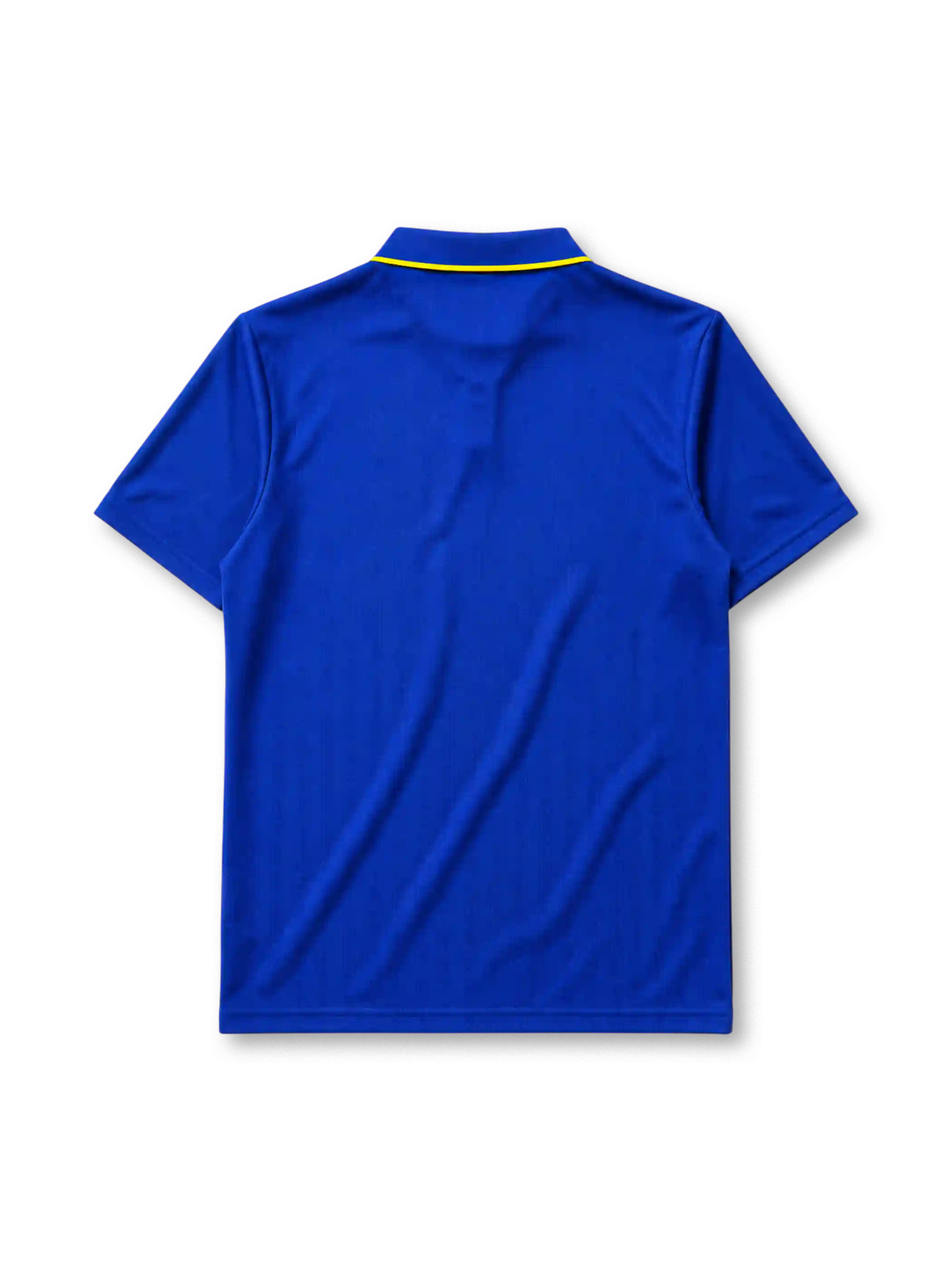 Chelsea 1995-97 home jersey, front view, royal blue body, white polo-style collar with yellow trim and button placket, yellow Umbro logo, blue and yellow Chelsea shield crest with lion, white Coors script sponsor logo