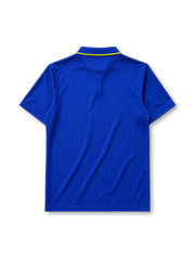 Chelsea 1995-97 home jersey, front view, royal blue body, white polo-style collar with yellow trim and button placket, yellow Umbro logo, blue and yellow Chelsea shield crest with lion, white Coors script sponsor logo
