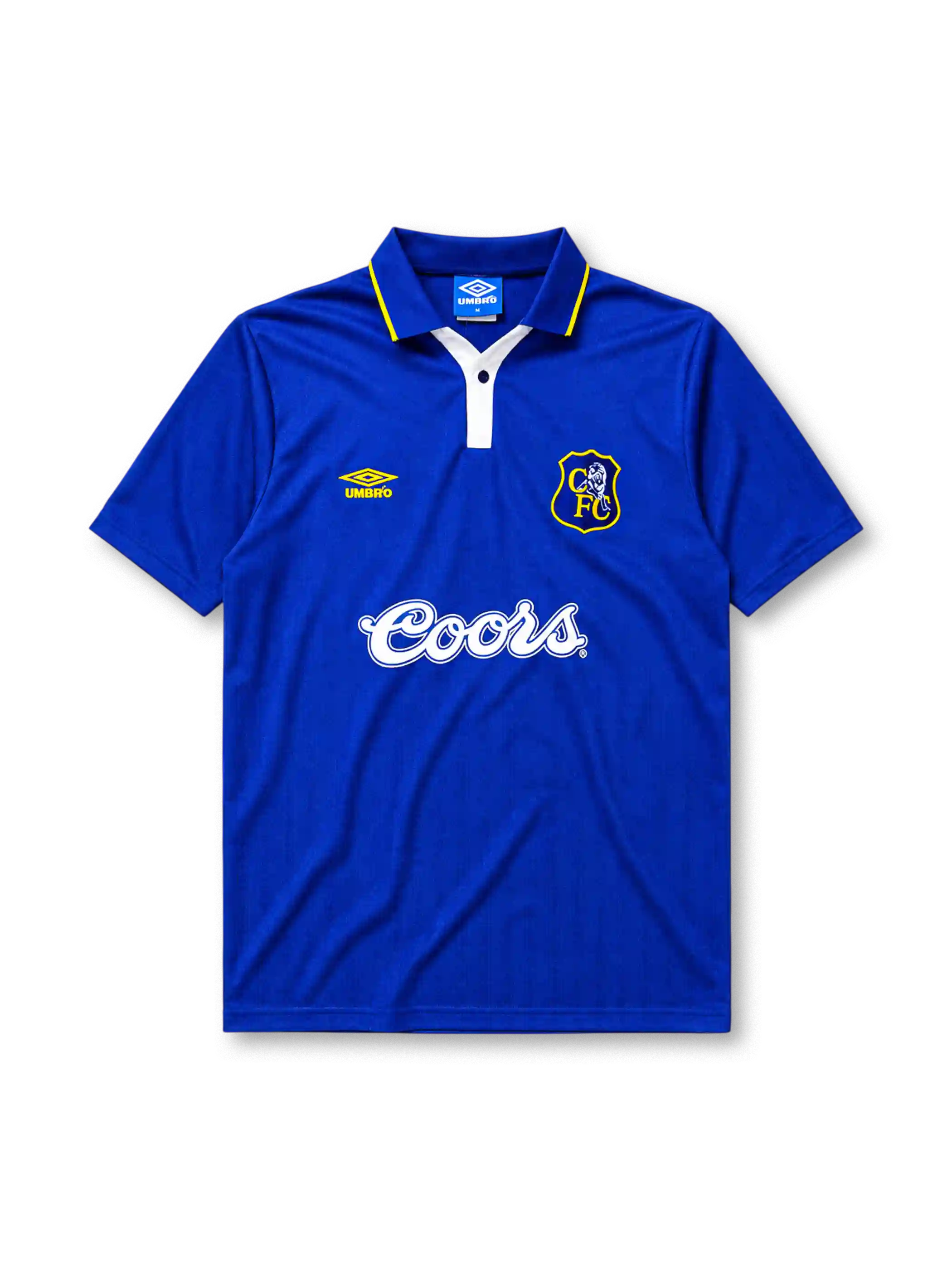 Chelsea 1995-97 home jersey, front view, royal blue body, white polo-style collar with yellow trim and button placket, yellow Umbro logo, blue and yellow Chelsea shield crest with lion, white Coors script sponsor logo