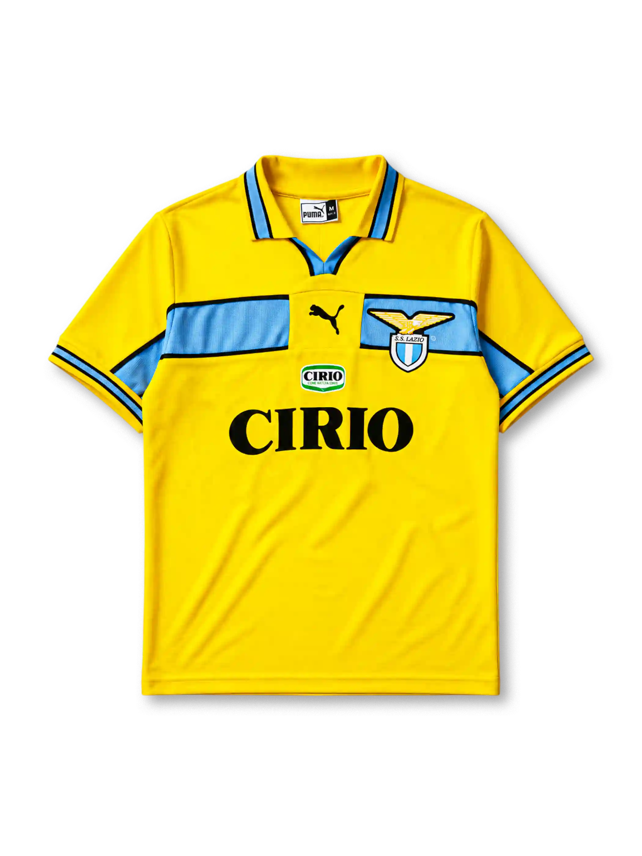 Lazio 1998-99 away jersey, front view, bright yellow body with sky blue chest band, yellow polo-style collar with black and blue trim, black Puma logo, S.S. Lazio eagle crest, Cirio sponsor logo and badge, sky blue cuffs