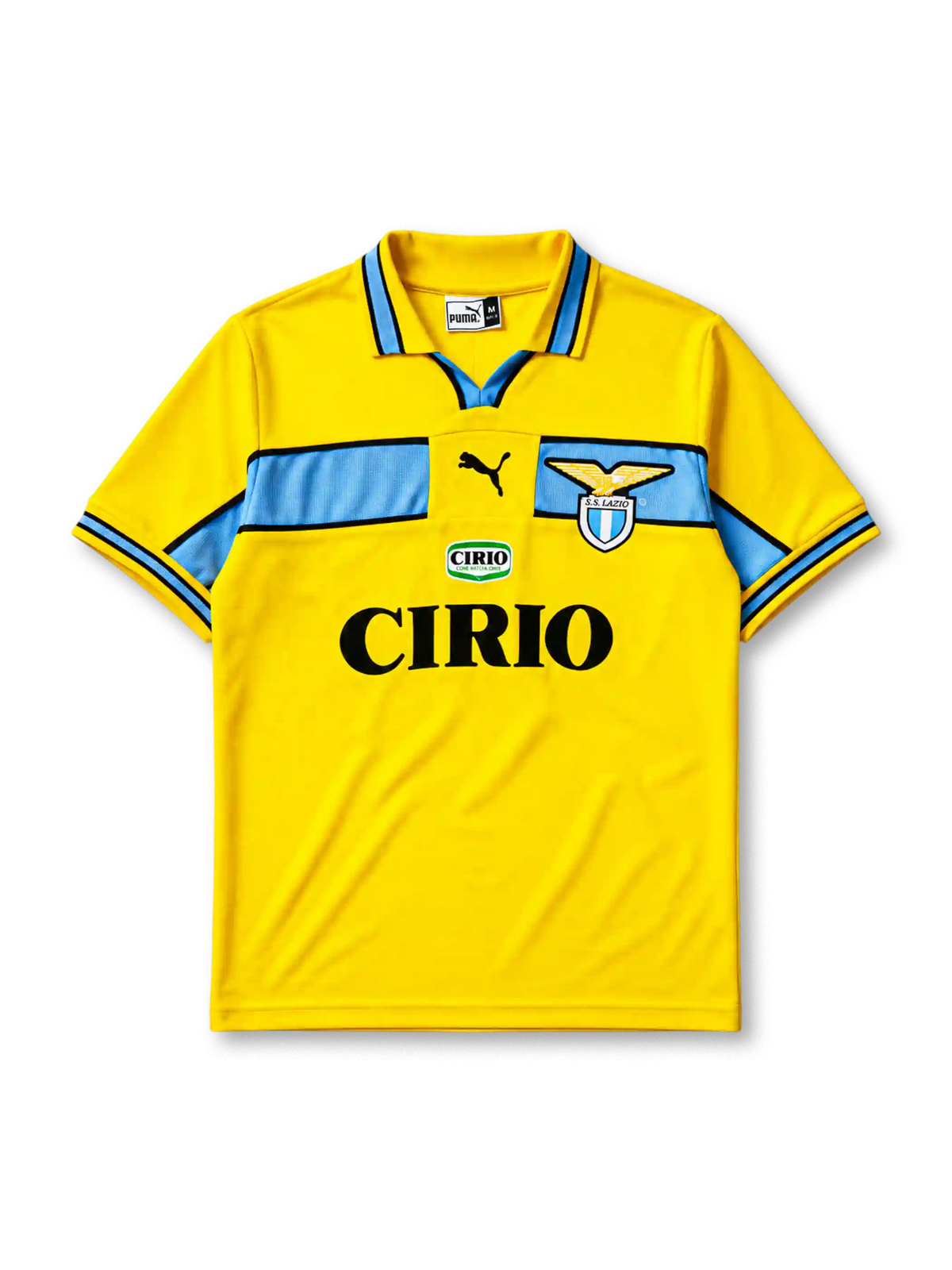 Lazio 1998-99 away jersey, front view, bright yellow body with sky blue chest band, yellow polo-style collar with black and blue trim, black Puma logo, S.S. Lazio eagle crest, Cirio sponsor logo and badge, sky blue cuffs