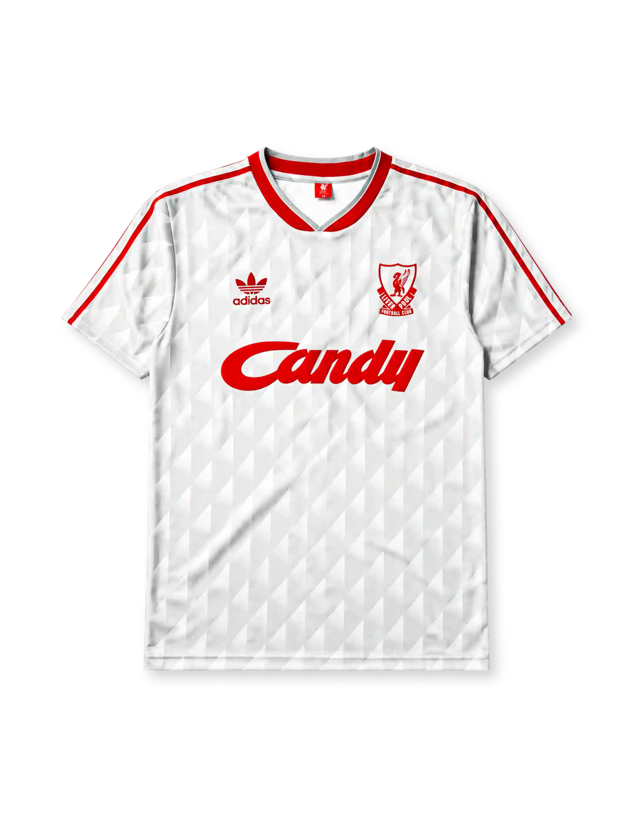 Liverpool 1989-91 away jersey, front view, white body with grey geometric diamond pattern, red V-neck collar, red adidas trefoil logo and stripes, Liverpool shield crest with liver bird, red Candy script sponsor logo