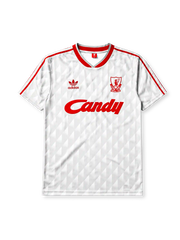 Liverpool 1989-91 away jersey, front view, white body with grey geometric diamond pattern, red V-neck collar, red adidas trefoil logo and stripes, Liverpool shield crest with liver bird, red Candy script sponsor logo