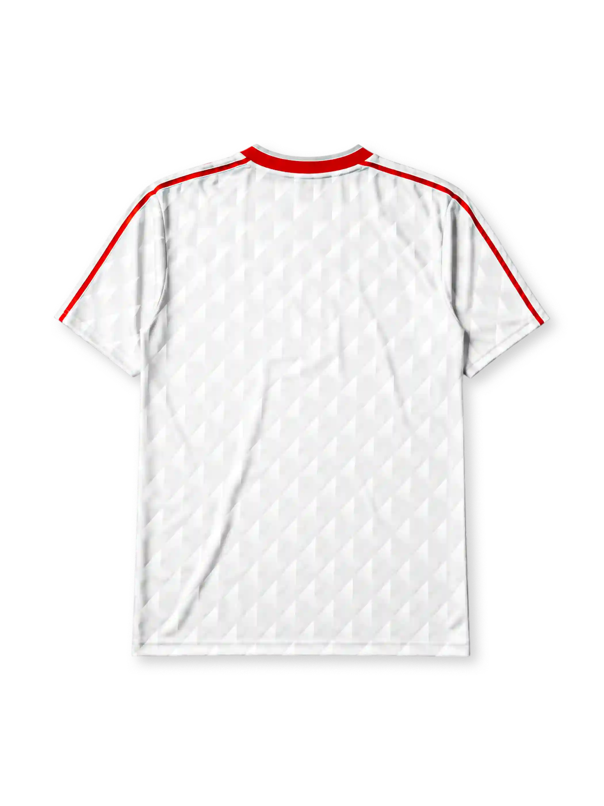Liverpool 1989-91 away jersey, front view, white body with grey geometric diamond pattern, red V-neck collar, red adidas trefoil logo and stripes, Liverpool shield crest with liver bird, red Candy script sponsor logo