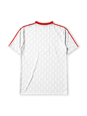 Liverpool 1989-91 away jersey, front view, white body with grey geometric diamond pattern, red V-neck collar, red adidas trefoil logo and stripes, Liverpool shield crest with liver bird, red Candy script sponsor logo