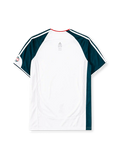 Liverpool 2006-08 away jersey, front view, white body with dark teal raglan sleeve and side panels, red piped collar, white adidas logo and stripes, Liverpool shield crest, black Carlsberg script sponsor logo, small tournament emblem on sleeve