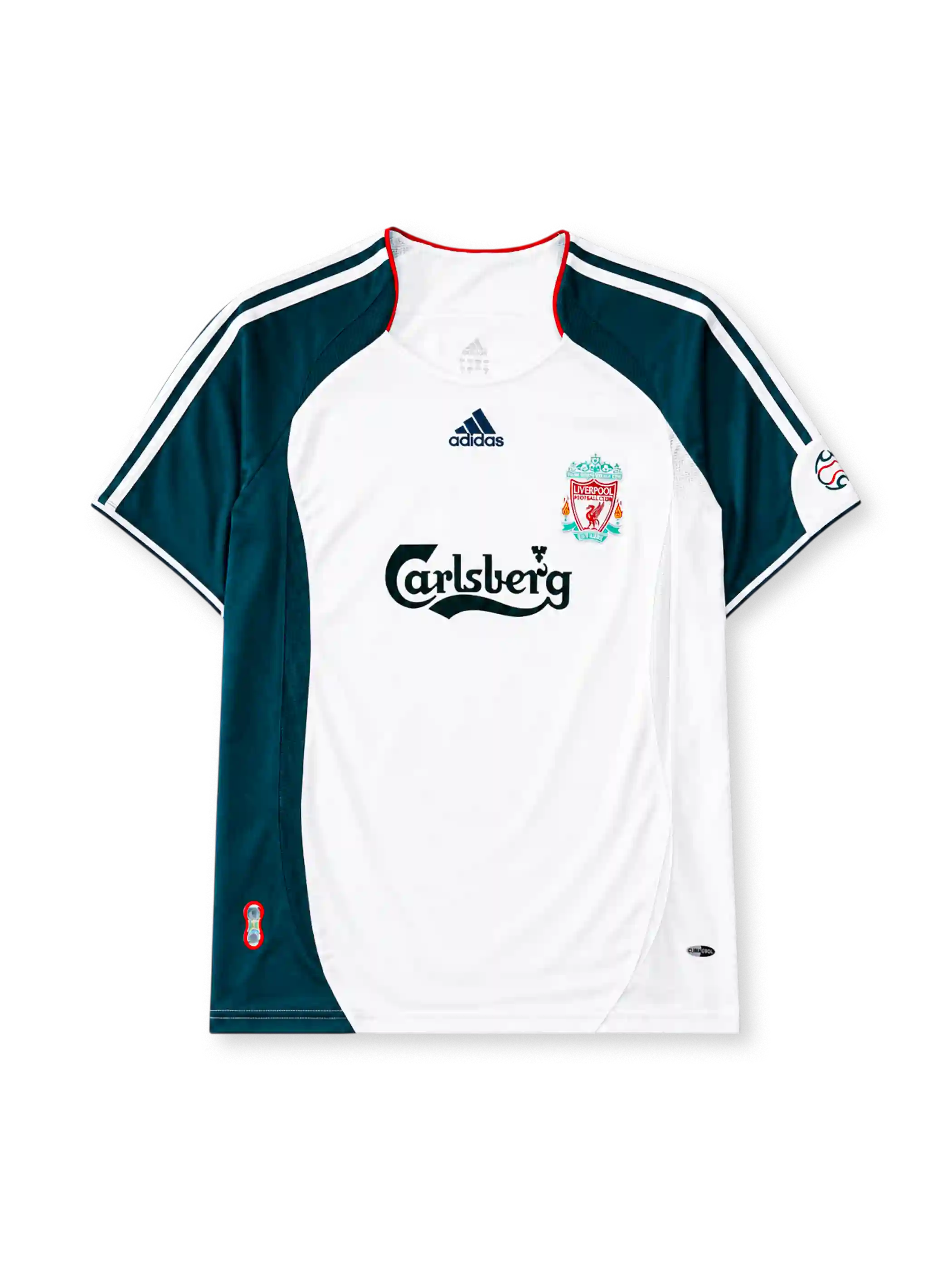 Liverpool 2006-08 away jersey, front view, white body with dark teal raglan sleeve and side panels, red piped collar, white adidas logo and stripes, Liverpool shield crest, black Carlsberg script sponsor logo, small tournament emblem on sleeve