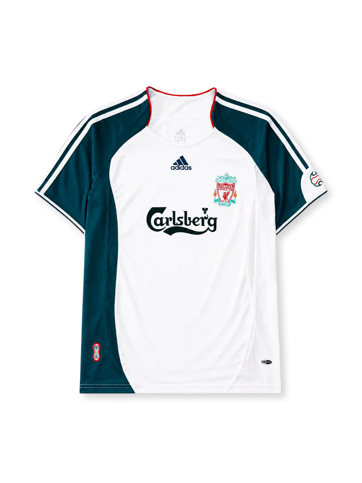 Liverpool 2006-08 away jersey, front view, white body with dark teal raglan sleeve and side panels, red piped collar, white adidas logo and stripes, Liverpool shield crest, black Carlsberg script sponsor logo, small tournament emblem on sleeve
