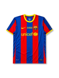 Barcelona 2010-11 Champions League final home jersey, front view, blue and red vertical stripes, yellow crew neck collar, Nike swoosh with Final London 2011 text, club crest, unicef sponsor logo