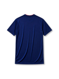 Japan 2018 home jersey, front view, navy body with white sashiko stitch pattern, white adidas three-stripe shoulder detailing, V-neck collar, adidas logo, JFA crest with eagle, Japan flag patch