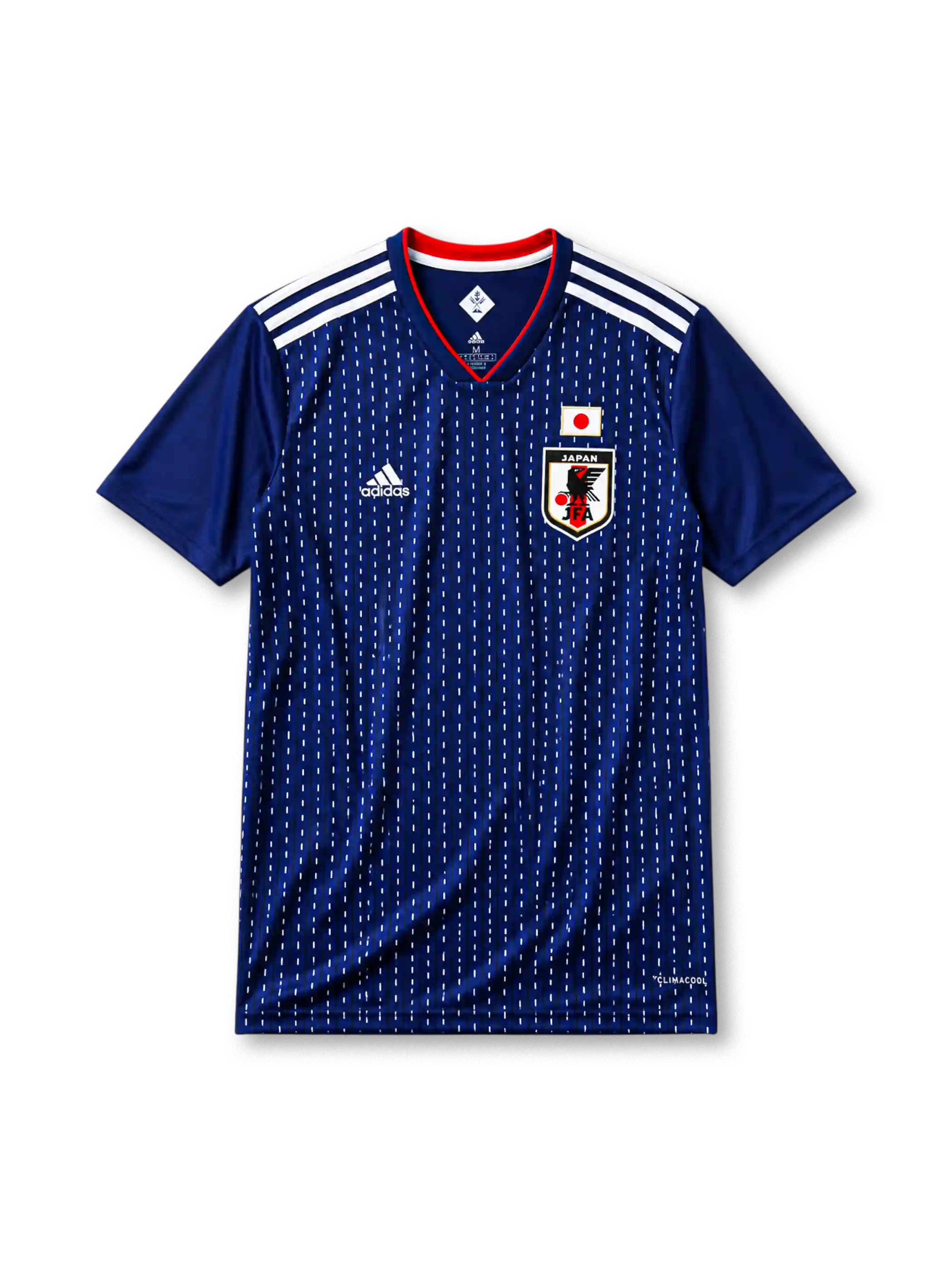 Japan 2018 home jersey, front view, navy body with white sashiko stitch pattern, white adidas three-stripe shoulder detailing, V-neck collar, adidas logo, JFA crest with eagle, Japan flag patch