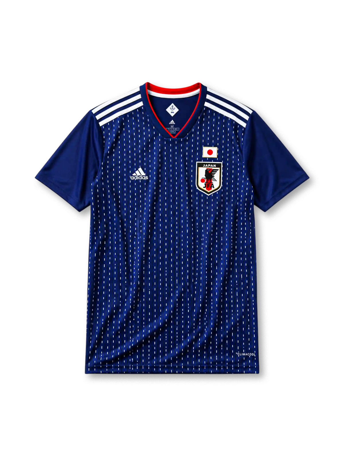 Japan 2018 home jersey, front view, navy body with white sashiko stitch pattern, white adidas three-stripe shoulder detailing, V-neck collar, adidas logo, JFA crest with eagle, Japan flag patch