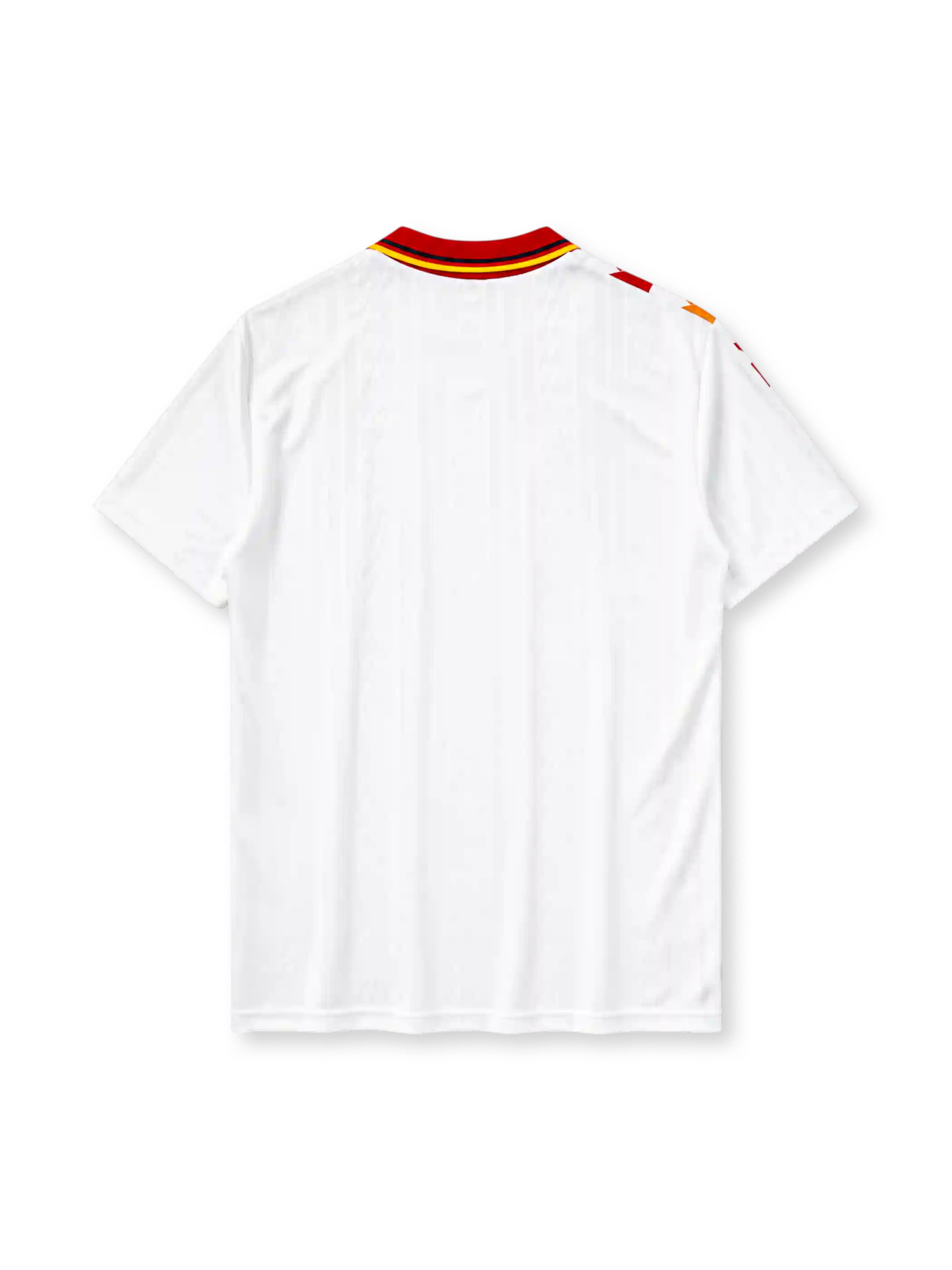 Spain 1994 away jersey, front view, white body with red and gold diamond pattern, red point collar with gold and navy stripes, adidas wordmark, Royal Spanish Football Federation crest