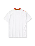 Spain 1994 away jersey, front view, white body with red and gold diamond pattern, red point collar with gold and navy stripes, adidas wordmark, Royal Spanish Football Federation crest