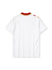 Spain 1994 away jersey, front view, white body with red and gold diamond pattern, red point collar with gold and navy stripes, adidas wordmark, Royal Spanish Football Federation crest