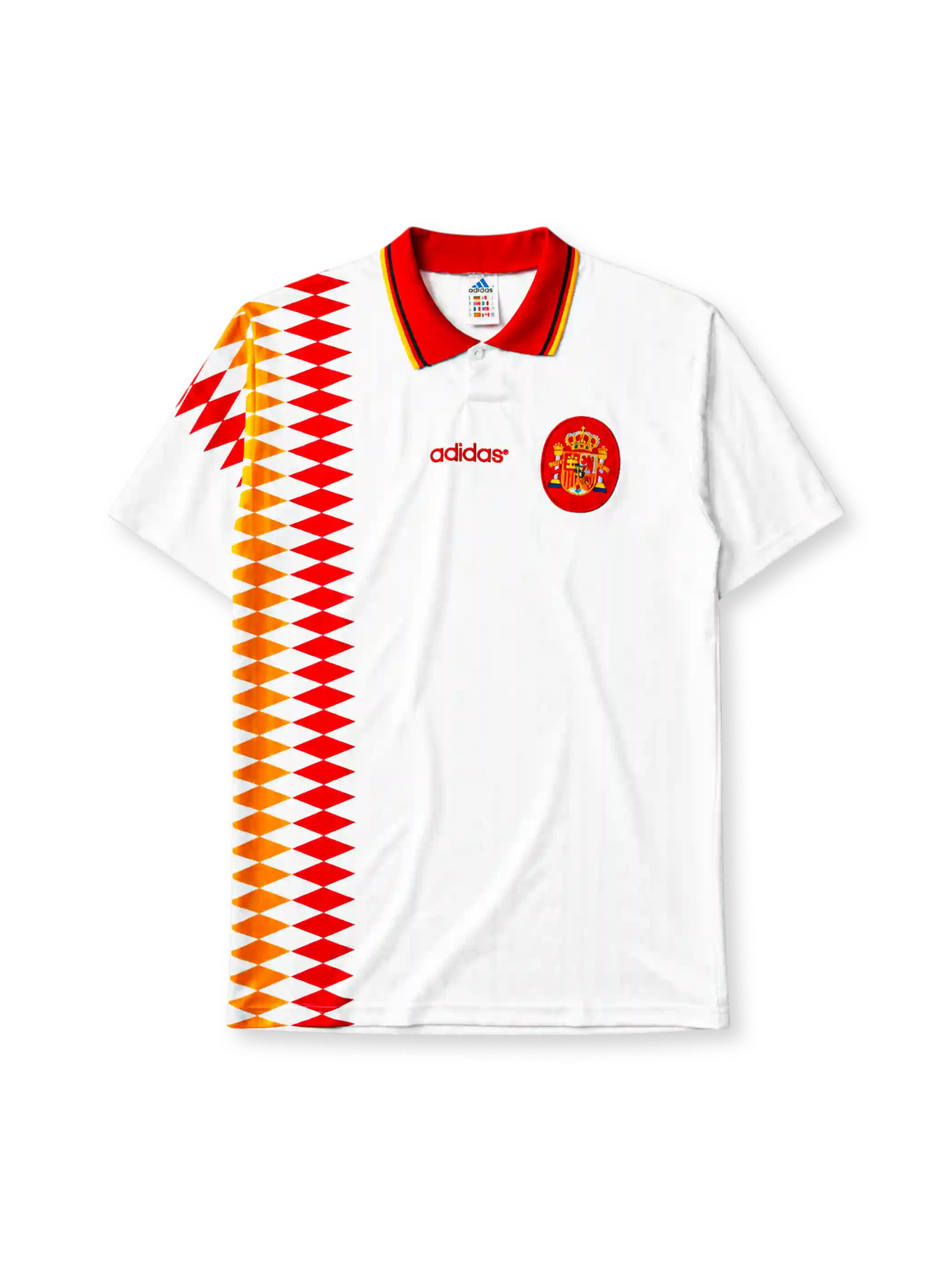 Spain 1994 away jersey, front view, white body with red and gold diamond pattern, red point collar with gold and navy stripes, adidas wordmark, Royal Spanish Football Federation crest