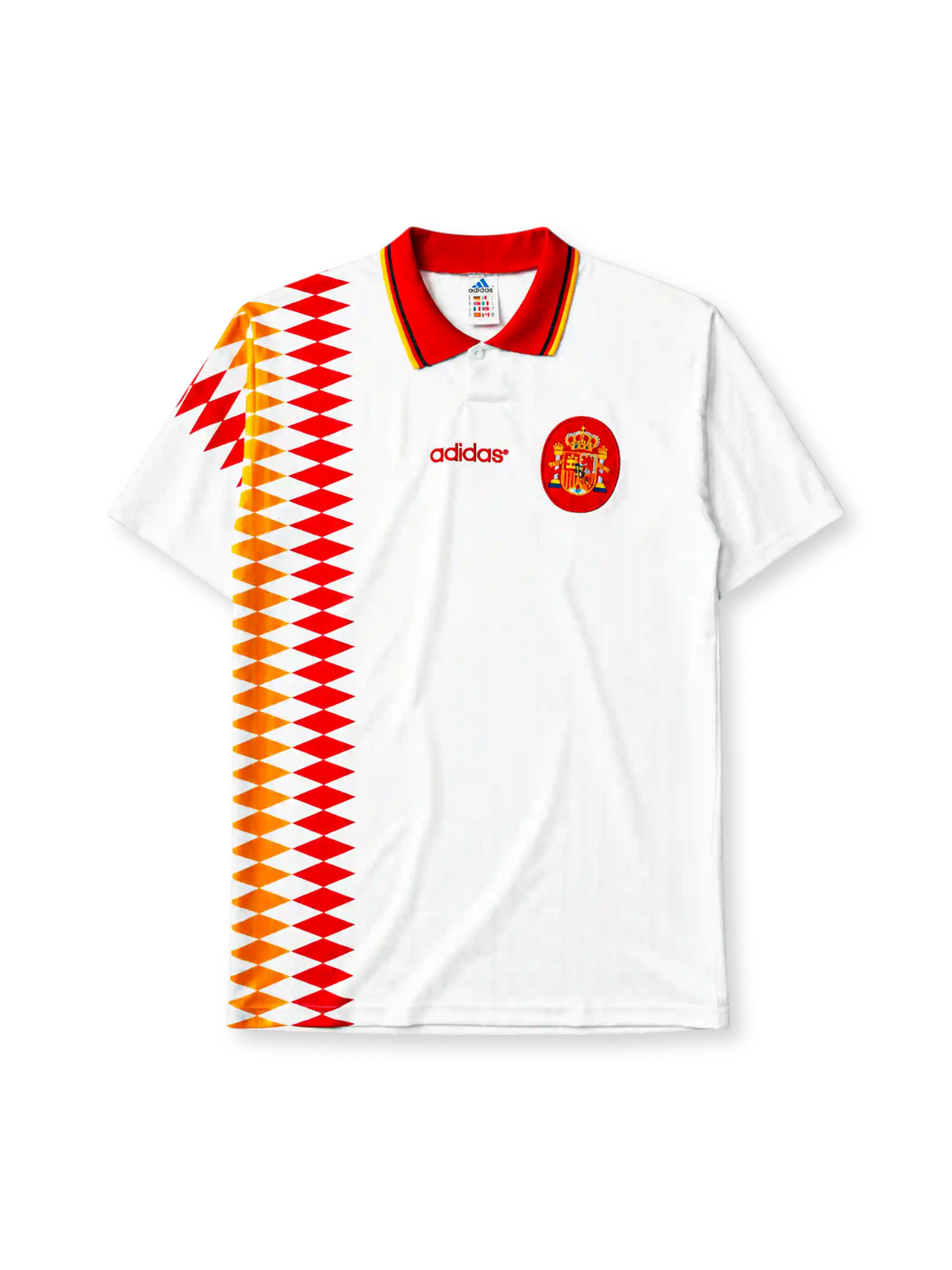 Spain 1994 away jersey, front view, white body with red and gold diamond pattern, red point collar with gold and navy stripes, adidas wordmark, Royal Spanish Football Federation crest